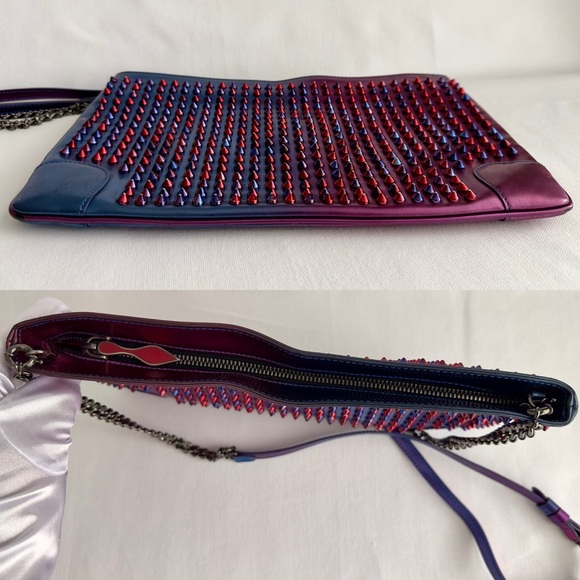 ✨CHRISTIAN LOUBOUTIN Loubiposh Patent Scarabe Spikes Chain Clutch Bag Rose Blue - Picture 8 of 16